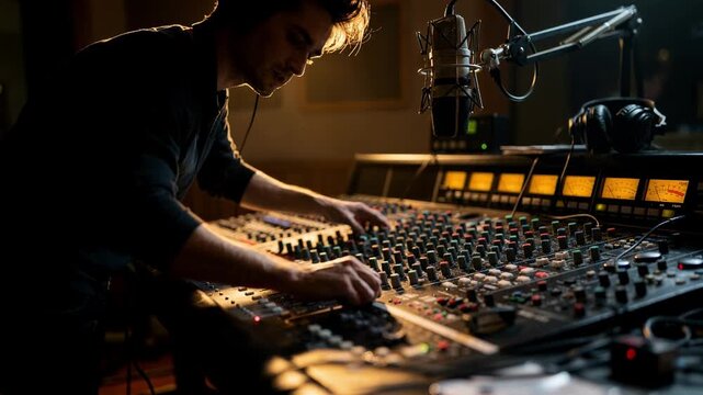 Shot centered on a radio mixing console with a DJs silhouette adjusting levels background featuring outoffocus mic and headphones highlighting the dynamic studio setup.