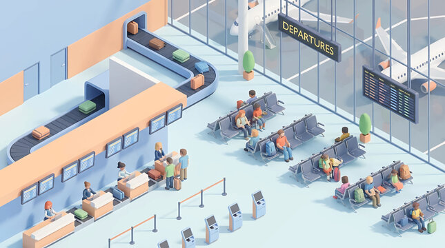 A detailed isometric 3D illustration capturing the dynamic interior of a busy international airport, with travelers checking in, processing luggage, and awaiting their flights