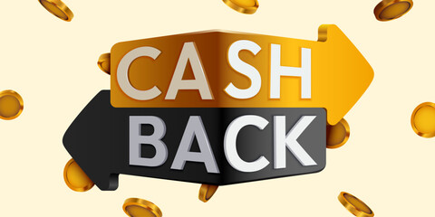 Dynamic 3D Cash Back sign with golden coins, highlighting financial rewards on a light background. Vector illustration.
