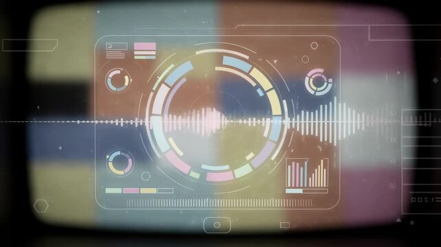 Medium shot of onscreen streaming quality diagnostics overlay highlighting buffering status with test pattern background and blurred interface for clarity.