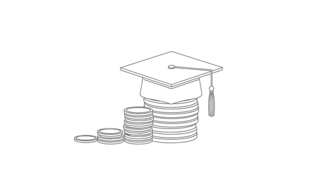 Graduation cap on stack of coins in minimalist line art for education finance Isolated on white background