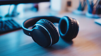 Close-up of modern wireless headphones on desk