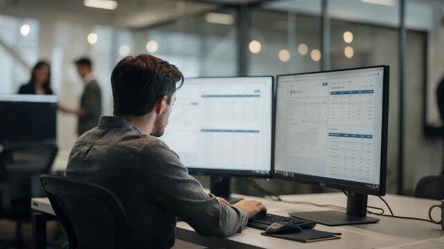 Startup telecom expense specialist using dual monitors to compare bills focusing on wireless costsaving solutions amid a creatively blurred collaborative workspace.