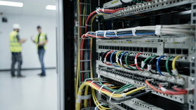 Focused view of a nearly updated telecom rack featuring newly installed patch panels neatly arranged with installers blurred in the background.