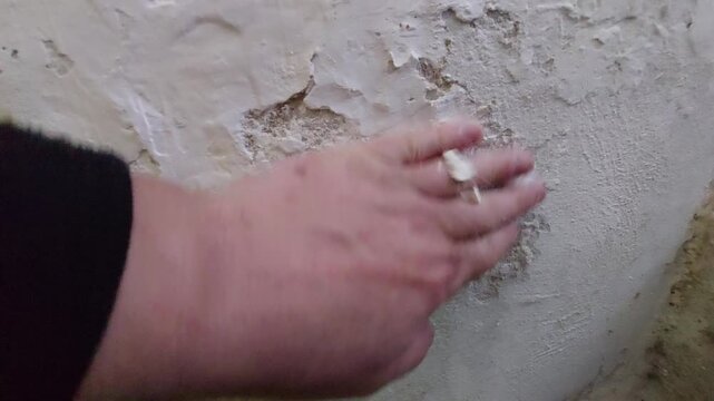 Close-up of crumbling plaster and peeling paint on a damp wall