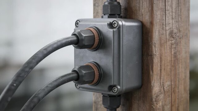 Medium shot of compact weatherproof junction box attached to a wooden post focused on secure cable entry points isolating moisture ingress.