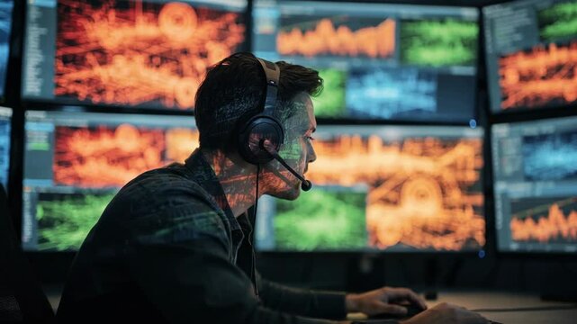 Medium shot of an operator analyzing AIenhanced network fault dashboard on a large monitor wall focusing on colorful alarm visuals while the room blurs into the background.