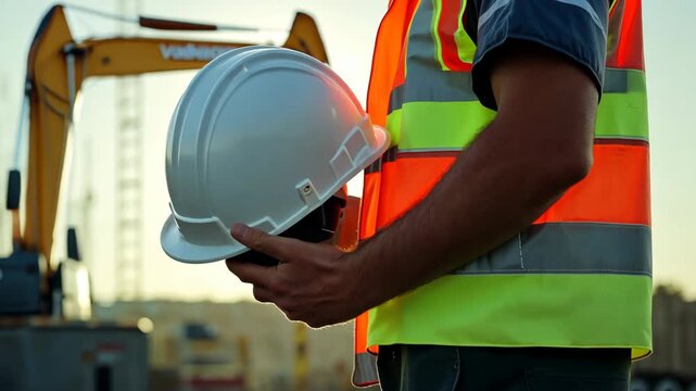 Construction Site Safety First: Worker Holding Hard Hat with Excavator Backdrop