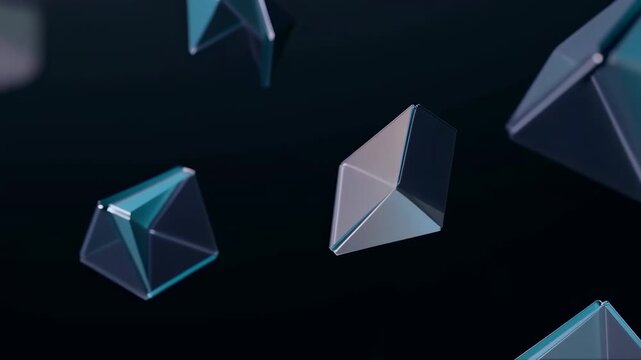 Contemporary Workspace Showcasing Illuminated Geometric Glass Objects With Reflective Surfaces