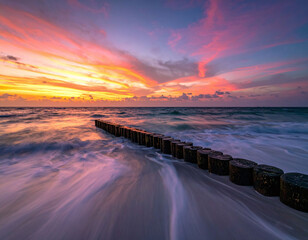 Vibrant sunset hues glow over a long exposure seascape. Silky waves flow around a wooden breakwater, creating a peaceful, artistic scene perfect for travel and wellness backgrounds.