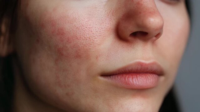 Detailed close up of irritated facial skin with acne and visible pores illustrating skincare concerns dermatological condition and natural skin texture without retouching