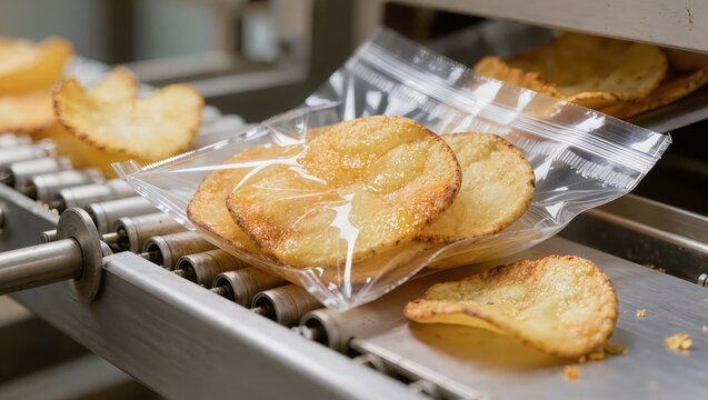 Automated production line filling and sealing bags with potato chips. Golden seasoned chips move along conveyor while packaging machine portions and seals snack packs in food factory