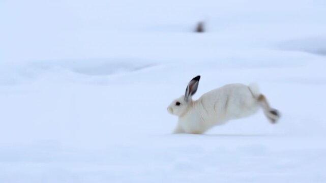 White Polar Rabbit In Motion. Snowdwelling Hare Dashes Swiftly Through Frozen Terrain Under Blue Light