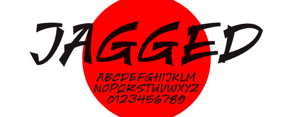 Jagged Font Logo Japanese Chinese Alphabet, Asian English Letter Number Set, Calligraphic Typography, Oriental Typographic Design for Title Lettering in Poster Headline and Logotype. Vector Typeface