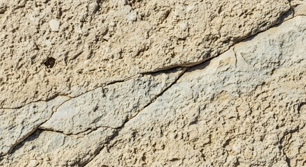 Fototapeta premium Close up of a cracked stucco wall texture with a prominent diagonal fissure.