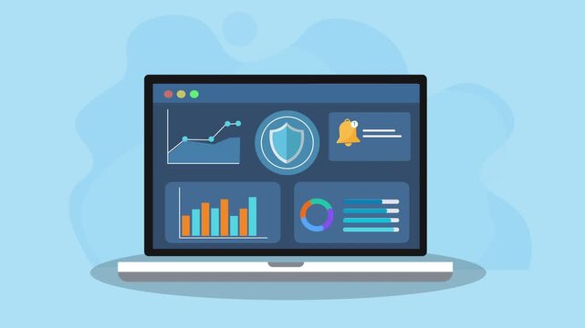 Animated laptop displaying secure data analytics dashboard with shield protection icon, charts, graphs, and notification bell panel. Concept of cybersecurity monitoring, digital protection, system ale