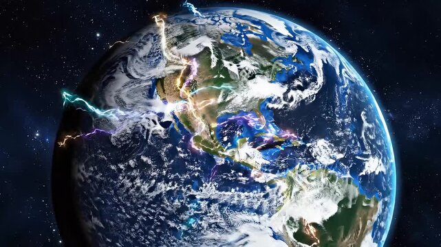 Planet Earth with glowing lightning strikes across the surface. Global power energy surge and climate change visualization in deep space. Cosmic disaster concept.
