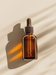 Naklejka premium Minimalist Amber Glass Dropper Bottle Mockup with Plant Stem and Sun Shadows