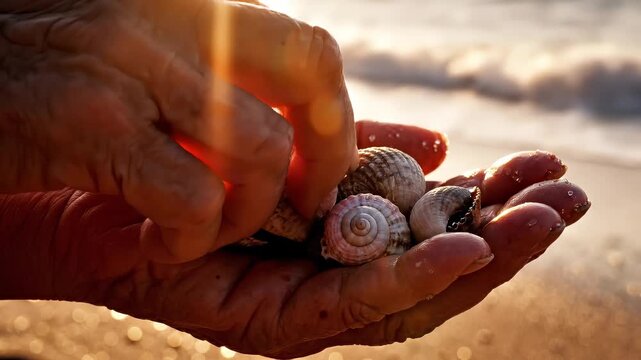 Elderly woman holding seashell in hand on beach at sunset. Senior human palm collecting marine shell by ocean. Summer vacation leisure and nature travel concept.
