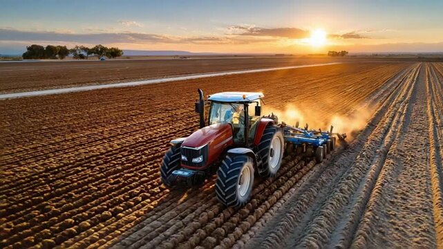 Cultivating the Horizon: A robust tractor diligently cultivates a vast field under a setting sun, symbolizing agricultural dedication and bountiful promise.