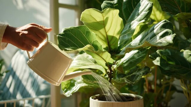 Watering houseplant with sunlight in cozy interior highlighting home gardening care indoor plants and healthy lifestyle with natural light and green leaves