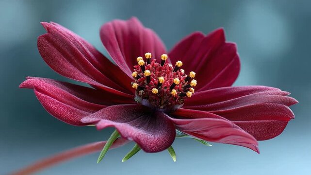 Velvet Petals: An elegant cosmos flower blooms with a captivating burgundy hue against a softly blurred background, showcasing delicate petals and intricate details.