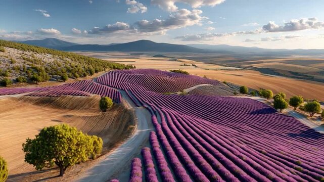 Lavender Field Vista: An expansive aerial perspective captures a breathtaking scene of lavender fields in full bloom.