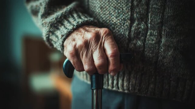 Close up of elderly hand holding walking cane showing wrinkles texture and age symbolizing support aging healthcare and senior lifestyle concept