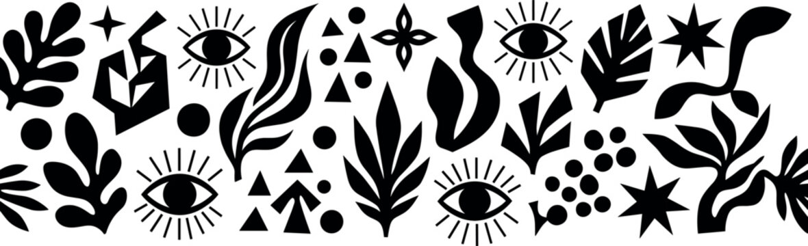 Collection of Abstract Silhouette Elements Featuring Hand Drawn Leaves Eyes Stars and Geometric Shapes for Modern Minimalist Branding Wall Art and Patterns