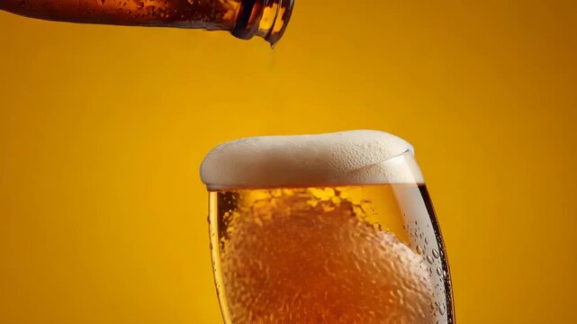 Cold beer poured into glass with foam and bubbles on yellow background refreshing drink concept with condensation and golden liquid in studio lighting