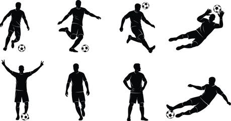 Soccer football player silhouette set collection, athlete kicking ball, goalkeeper diving, striker shooting, sports action poses, isolated black vector illustrations icons. © clickwavebd