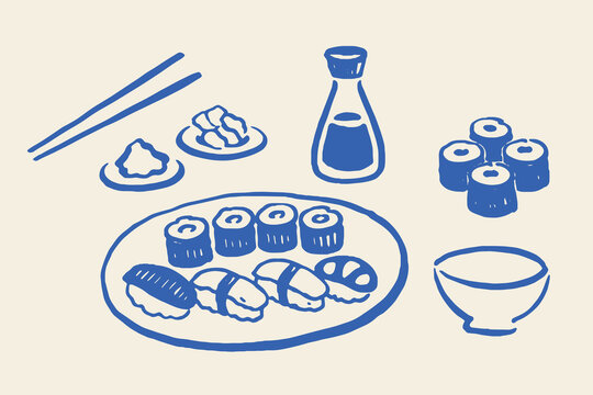 Sushi set with soy sauce outline sketch vector illustration