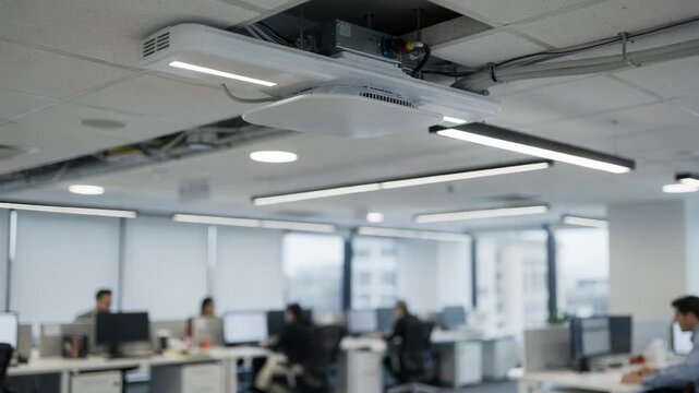 Office floor ceiling with distributed antenna system equipment in sharp detail while employees and workspace fade subtly out of focus.