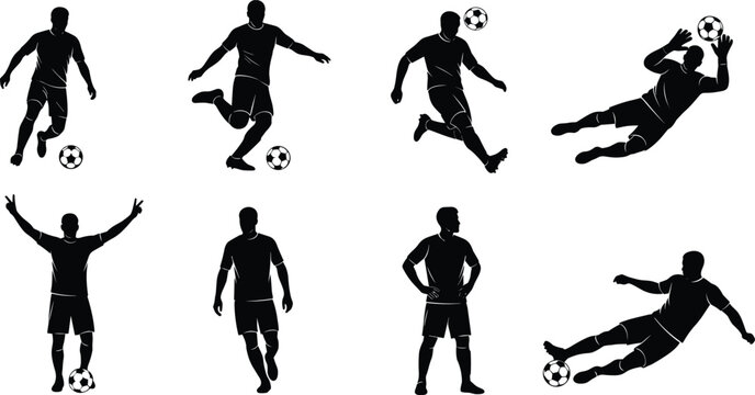 Soccer football player silhouette set collection, athlete kicking ball, goalkeeper diving, striker shooting, sports action poses, isolated black vector illustrations icons.