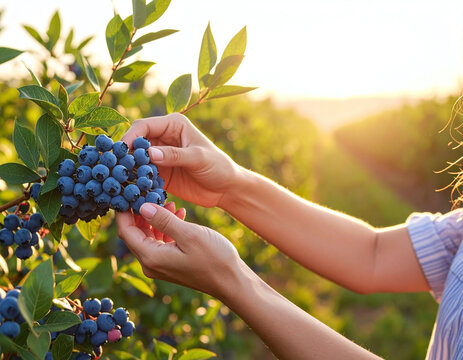Enjoy the bounty of nature with this vibrant shot of hands harvesting ripe blueberries. The warm golden hour light highlights the freshness of organic fruit in a rural farm setting.