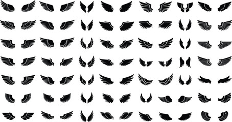Set of black bird and angel wings silhouettes isolated on white background for heraldry, tattoo, feather graphic design, and vector icons. © clickwavebd