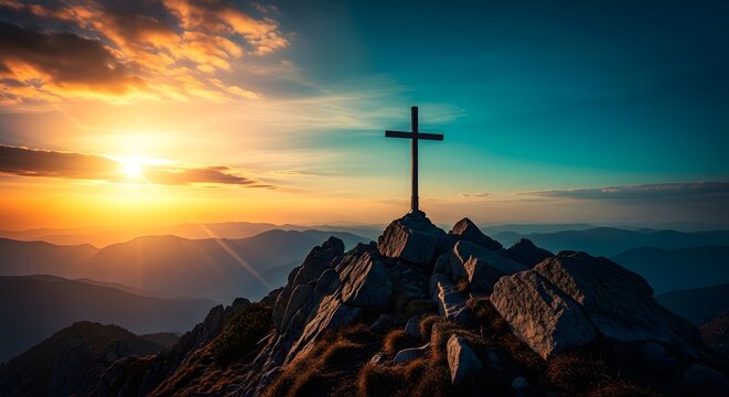 Silhouette of a cross on a mountain peak at sunset with vibrant colors in the sky and clouds