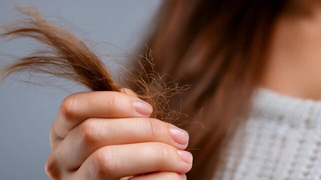 Close up of dry damaged hair ends held in hand showing split ends and frizz concept of hair care damage dryness and unhealthy hair condition