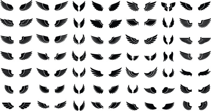 Set of black bird and angel wings silhouettes isolated on white background for heraldry, tattoo, feather graphic design, and vector icons.
