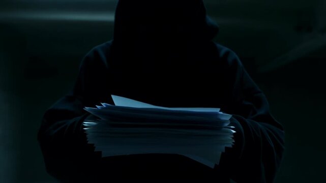 Mysterious Shadowed Figure. Hidden Figure Holding Confidential Files Beneath Cold Illuminated Space