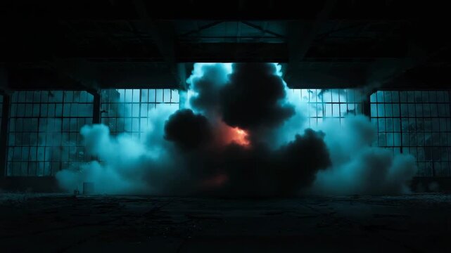 Intense explosion with flames and heavy smoke filling industrial building creating powerful dramatic atmosphere concept of destruction danger energy and cinematic visual effects