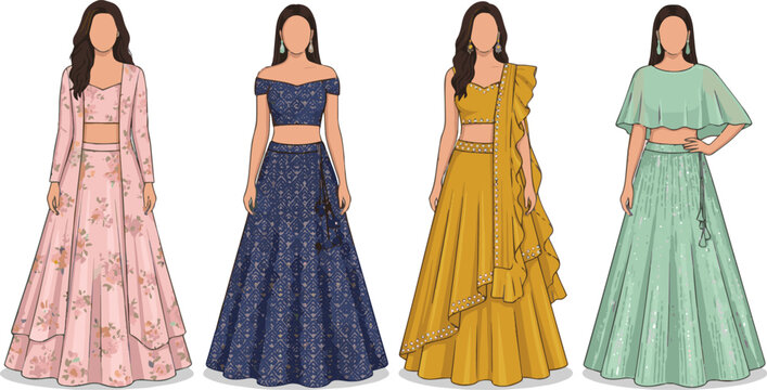 Create a realistic kinds of deferent modern girl lehenga vector art with white background.
