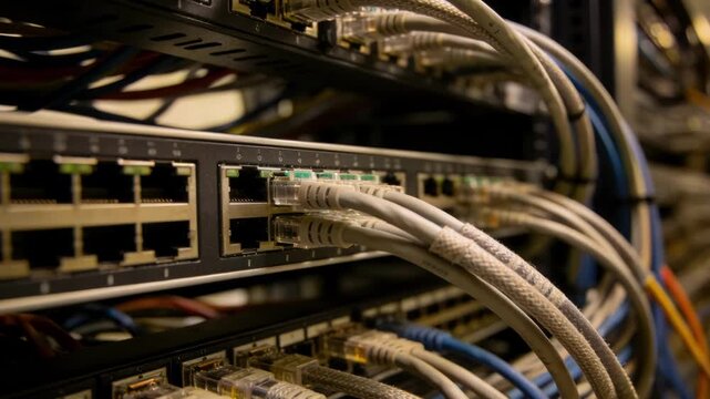 Partial lighting illuminates dense crossconnect cables in a meetme room expansion area with main patch panels crisp and the rest softly out of focus.