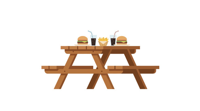 Wooden picnic table with food.