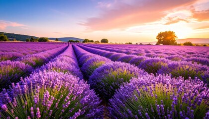 Fototapeta premium Radiant Sunset Over Symmetrical Rows of Blooming Lavender