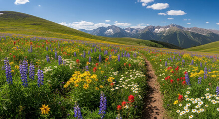 Fototapeta premium beautiful landscape of a field of colorful flowers in the mountains on a sunny day with a dirt path