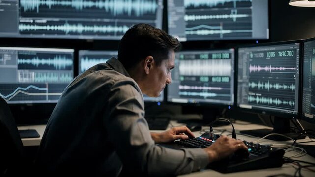 Focused shot of a media compliance team member scrutinizing advertisement feed quality using detailed waveform scopes and timecode logs.