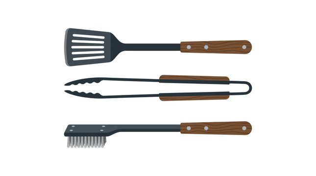 Three barbecue utensils with wooden handles.