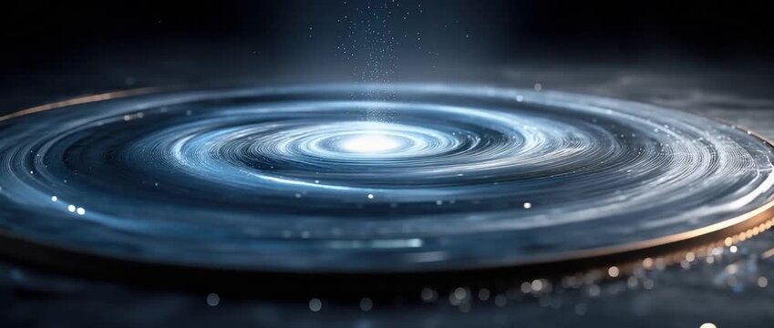 Abstract illustration of energy beams emitting from a spiral shape on dark background