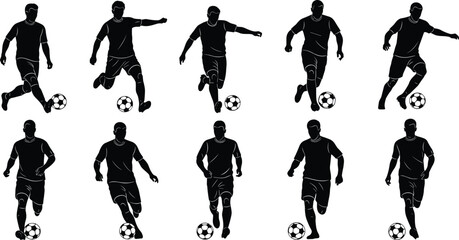 Fototapeta premium Soccer football player silhouette set collection with ball action poses professional athlete dribbling kicking training silhouettes isolated on white background.